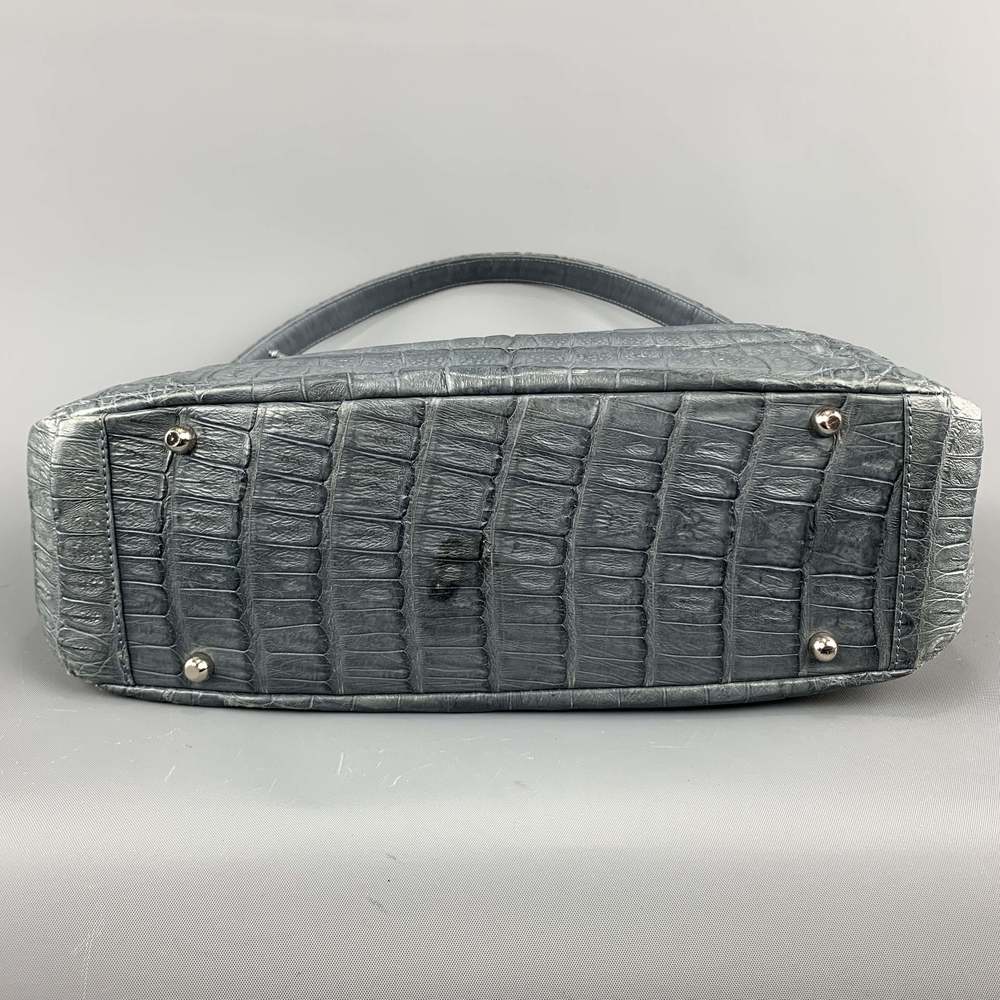 Muted Blue Grey Crocodile Skin Leather Top Handle Handbag - Picture 8 of 11